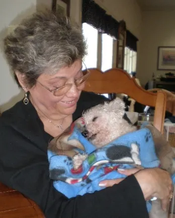 Sammy snuggling Harriet after surgery